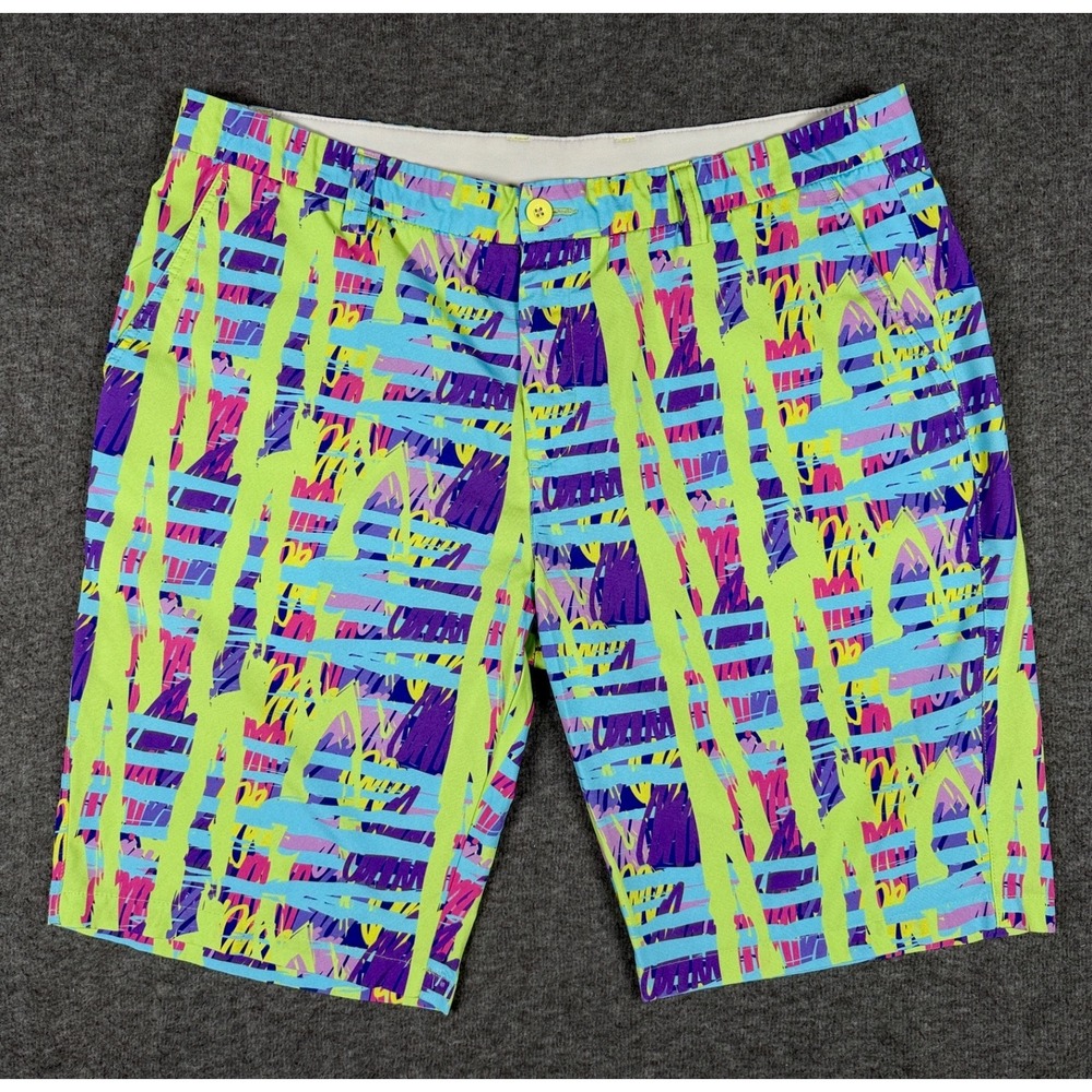 HRESKI Shorts Mens 38 Blue Neon Stripe Abstract Performance Golf Chino Stretch